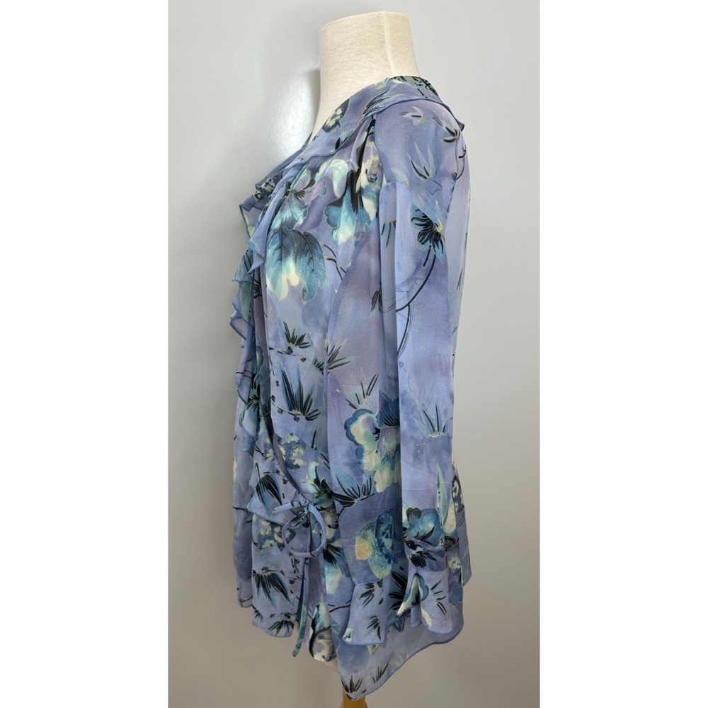 Midnight Velvet 100% Silk Ruffle Wrap Blouse Blue Floral Sheer Top Plus Size 18W - Picture 4 of 13